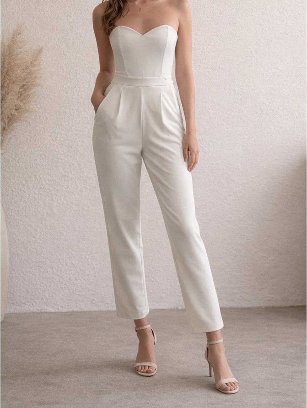 Express Strapless Ivory Jumpsuit with Sweetheart Neckline